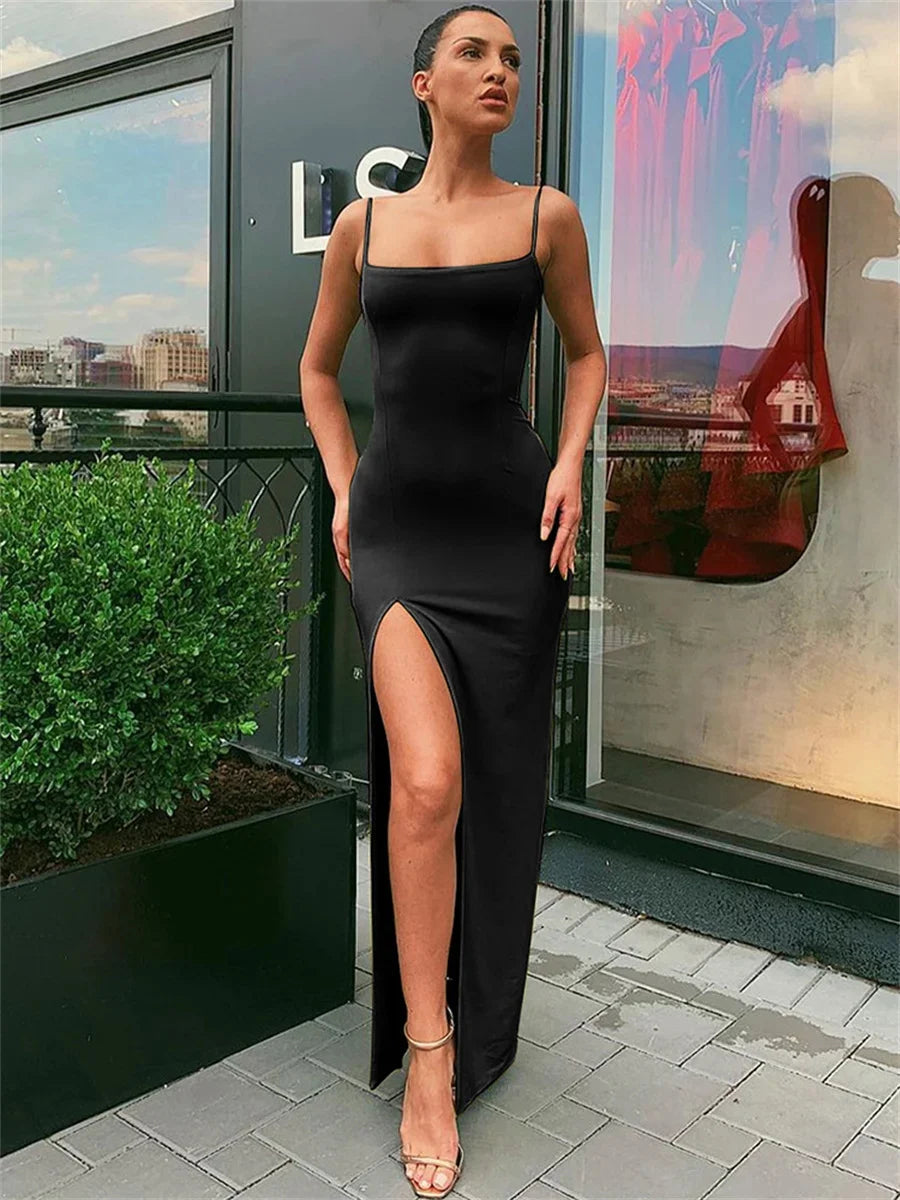 Women Summer Sexy Bodycon Dress Lady Sexy Spaghetti Strap Sleeve Split Solid Color Sheath Dress Vestidos 2668south