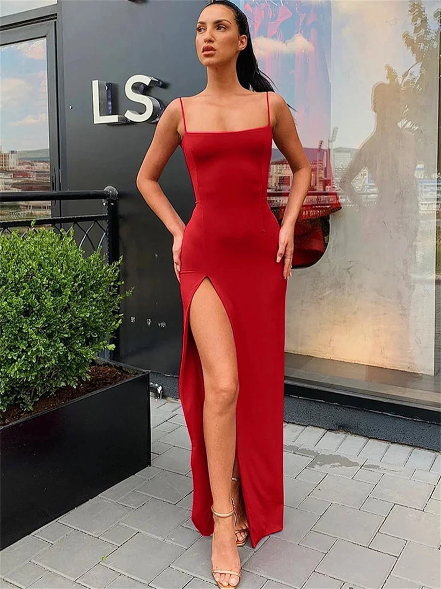 Women Summer Sexy Bodycon Dress Lady Sexy Spaghetti Strap Sleeve Split Solid Color Sheath Dress Vestidos 2668south