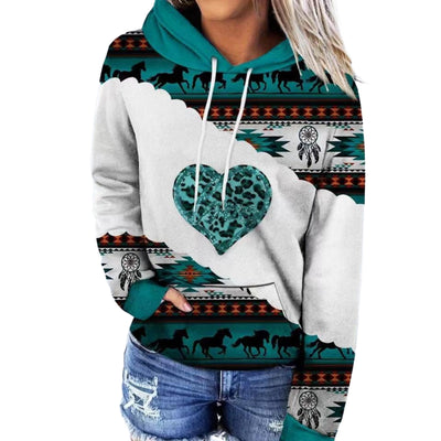 Women's Hooded Multicolor Printing Sports Pocket Drawstring 3D Retro Sweater 2668south