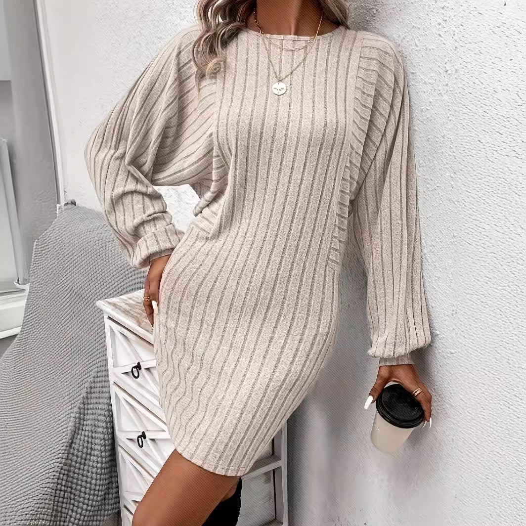 Women's Irregular Sunken Stripe Long Sleeve Knitted Dress 2668south