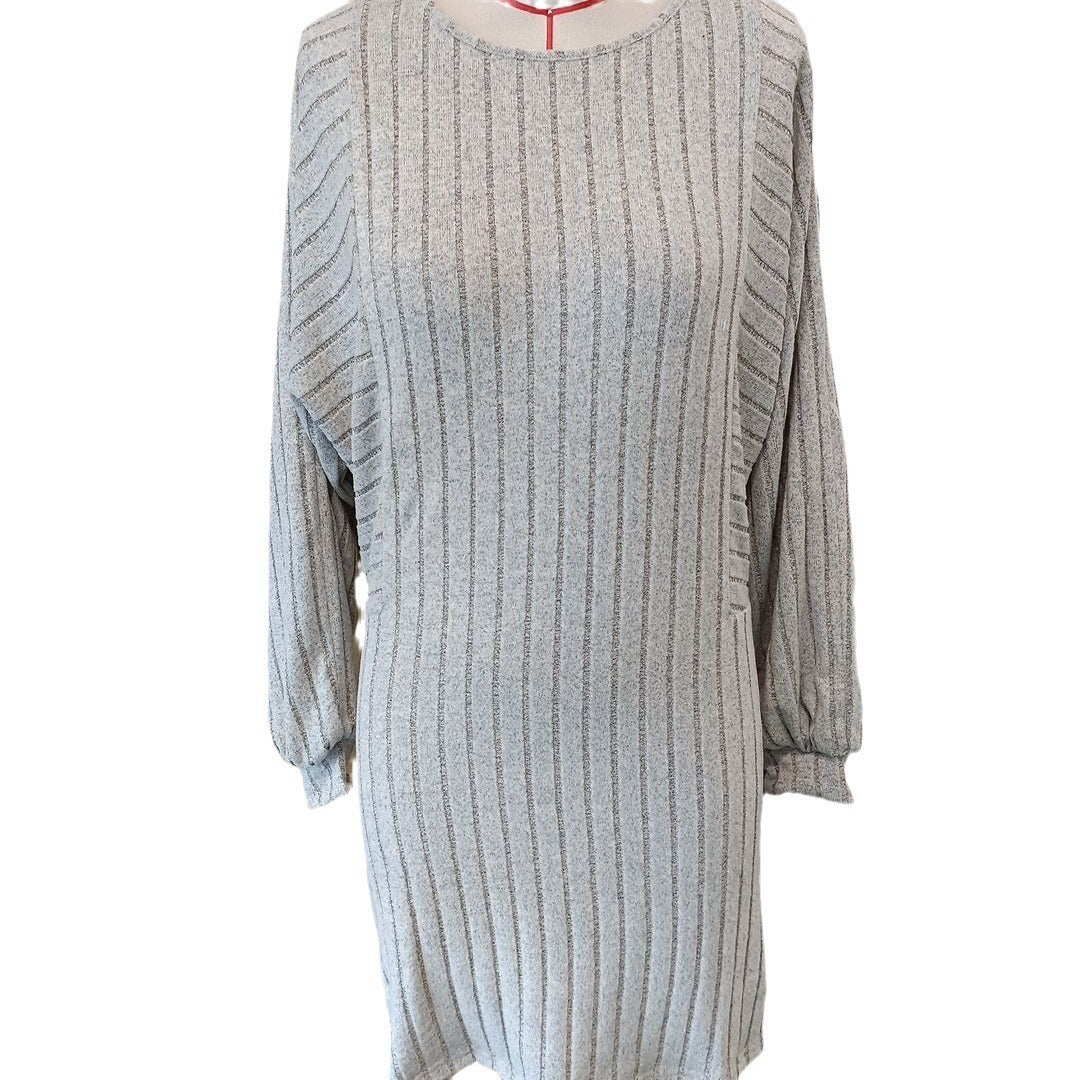 Women's Irregular Sunken Stripe Long Sleeve Knitted Dress 2668south