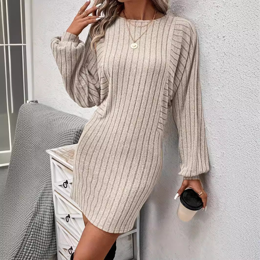 Women's Irregular Sunken Stripe Long Sleeve Knitted Dress 2668south