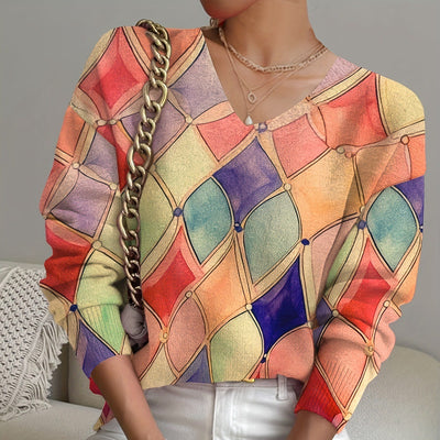 Women's Rhombus Prints V-neck Long-sleeved Sweater 2668south