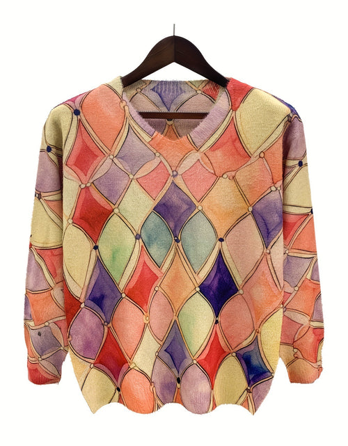 Load image into Gallery viewer, Women&#39;s Rhombus Prints V-neck Long-sleeved Sweater 2668south
