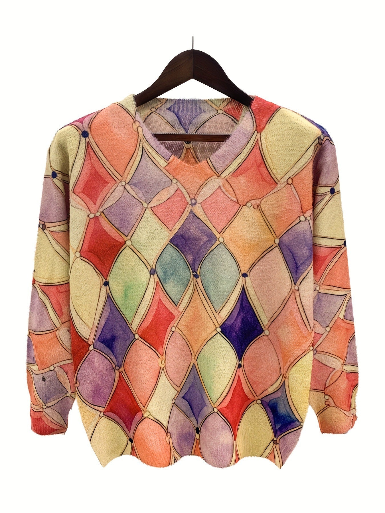 Women's Rhombus Prints V-neck Long-sleeved Sweater 2668south