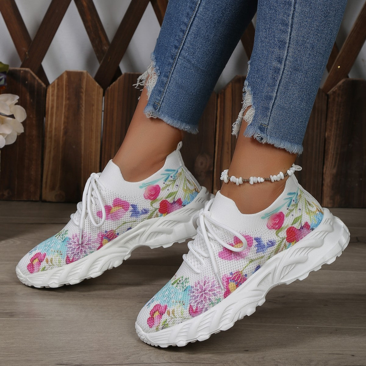 Women's Sports Shoes Flowers Print Walking Sneakers Casual Breathable Lace-up Mesh Shoes 2668south