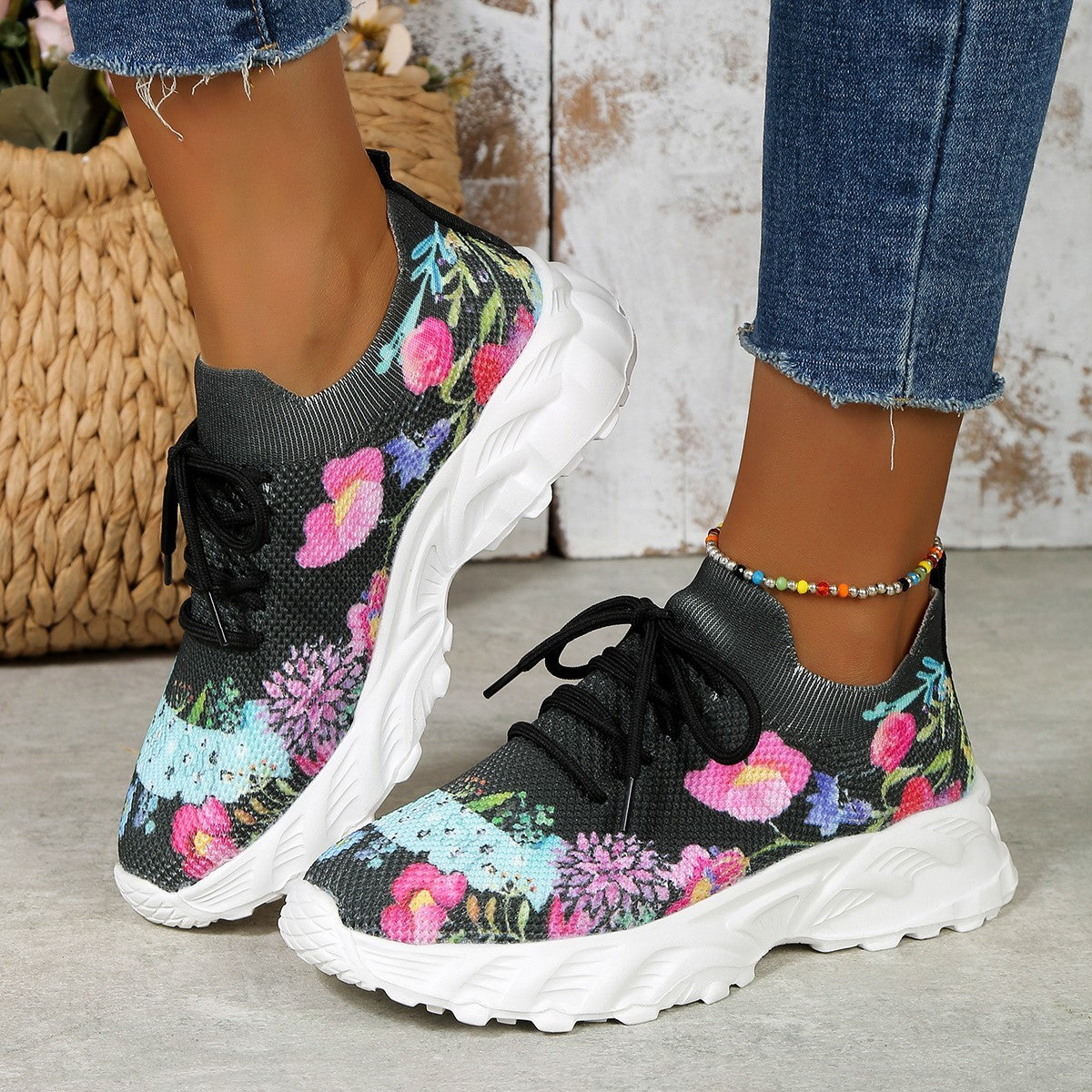 Women's Sports Shoes Flowers Print Walking Sneakers Casual Breathable Lace-up Mesh Shoes 2668south