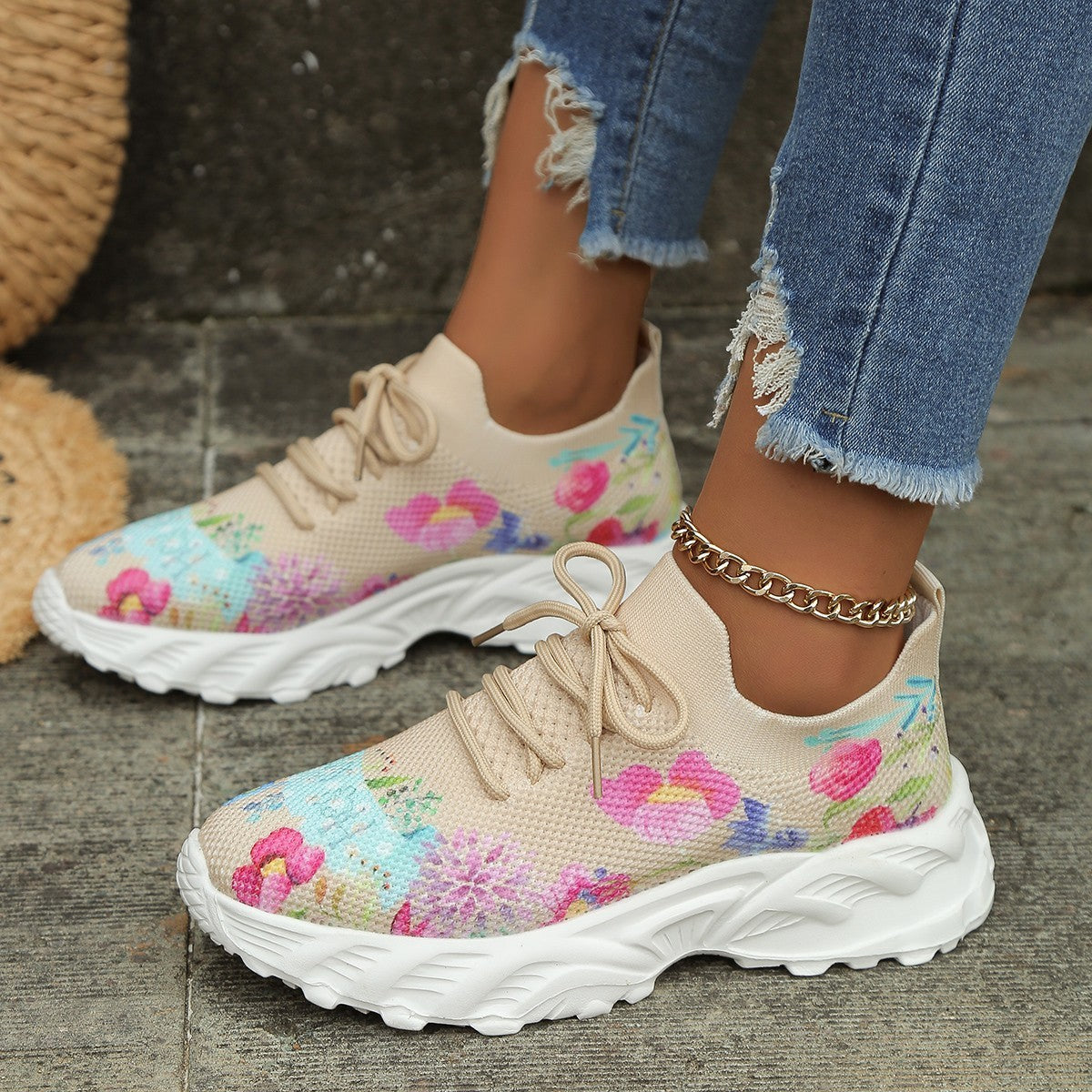 Women's Sports Shoes Flowers Print Walking Sneakers Casual Breathable Lace-up Mesh Shoes 2668south