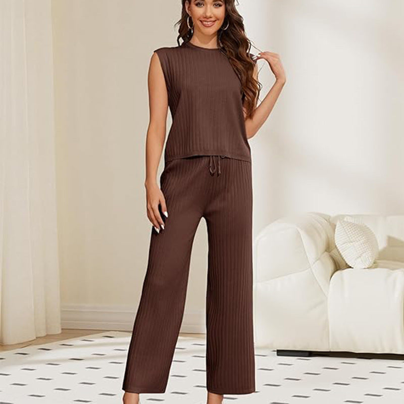 Women's Sweater Suit Sleeveless Top High-waisted Trousers 2668south