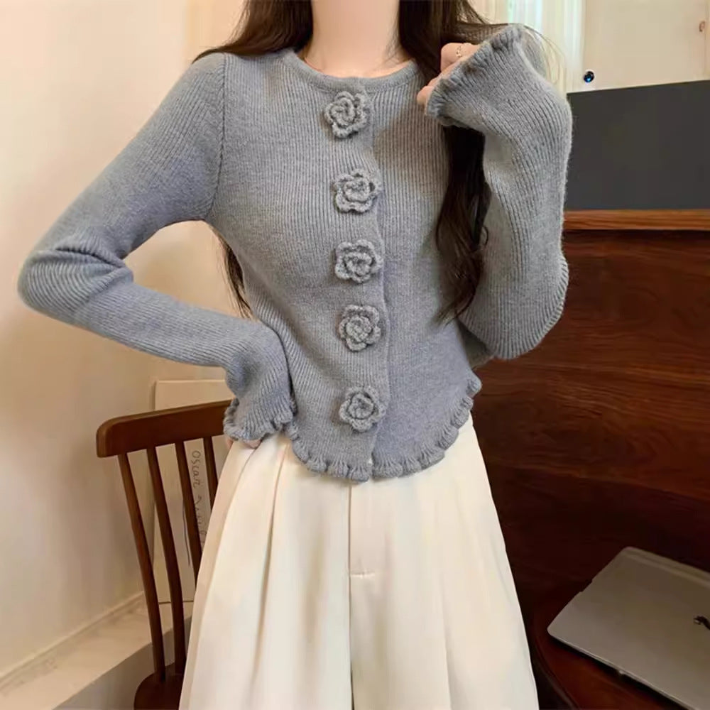 Women's Three-dimensional Flower Long-sleeved Sweater With Wooden Ear 2668south