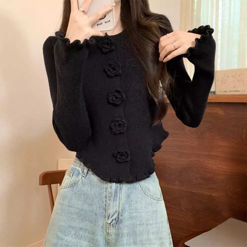 Women's Three-dimensional Flower Long-sleeved Sweater With Wooden Ear 2668south