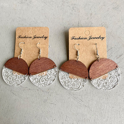 Wood Acrylic Geometric Stitching Rose Flower Lace Laser Marking Personalized Earrings 2668south