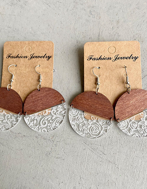 Load image into Gallery viewer, Wood Acrylic Geometric Stitching Rose Flower Lace Laser Marking Personalized Earrings 2668south
