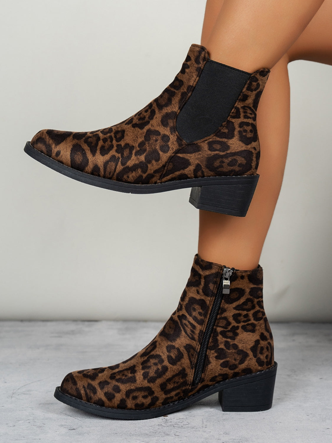 Leopard Point Toe Block Heel Boots