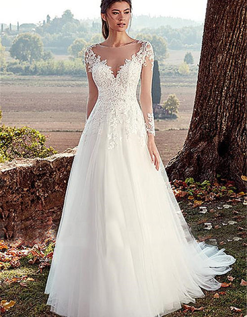 Load image into Gallery viewer, High U-neck Lace Long Sleeve A- Line Long Tail Simple Wedding Dress
