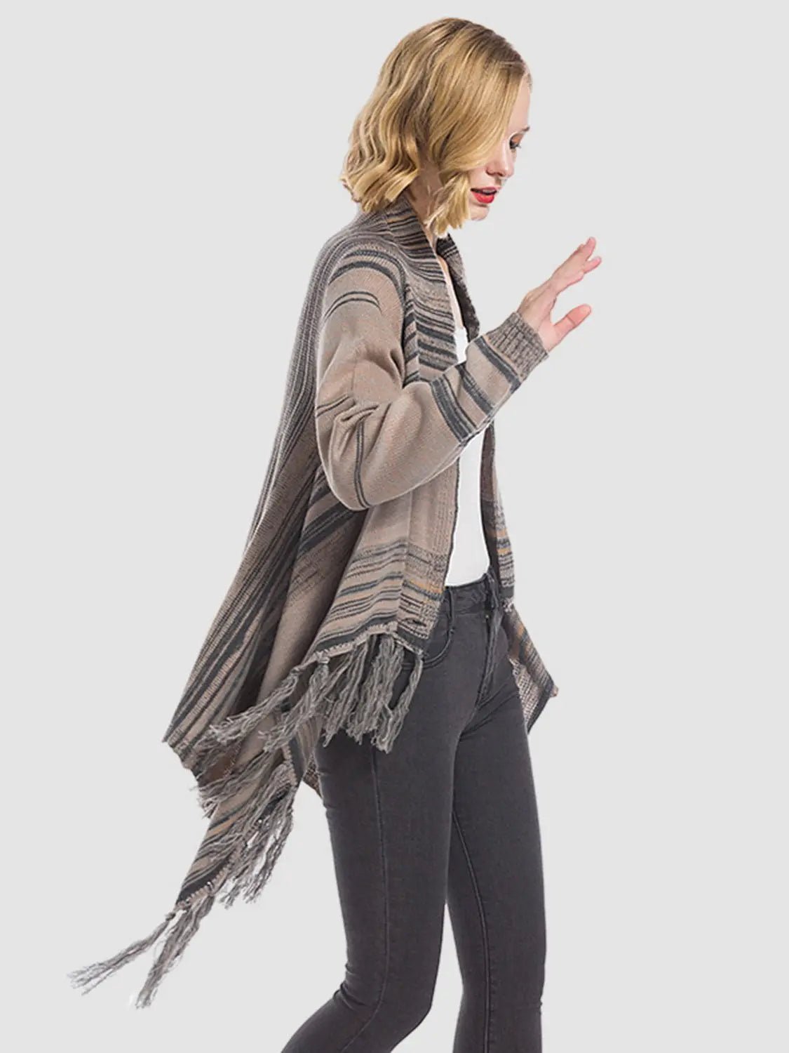 Angel Wings Tassel Striped Open Front Long Sleeve Cardigan - 2668south