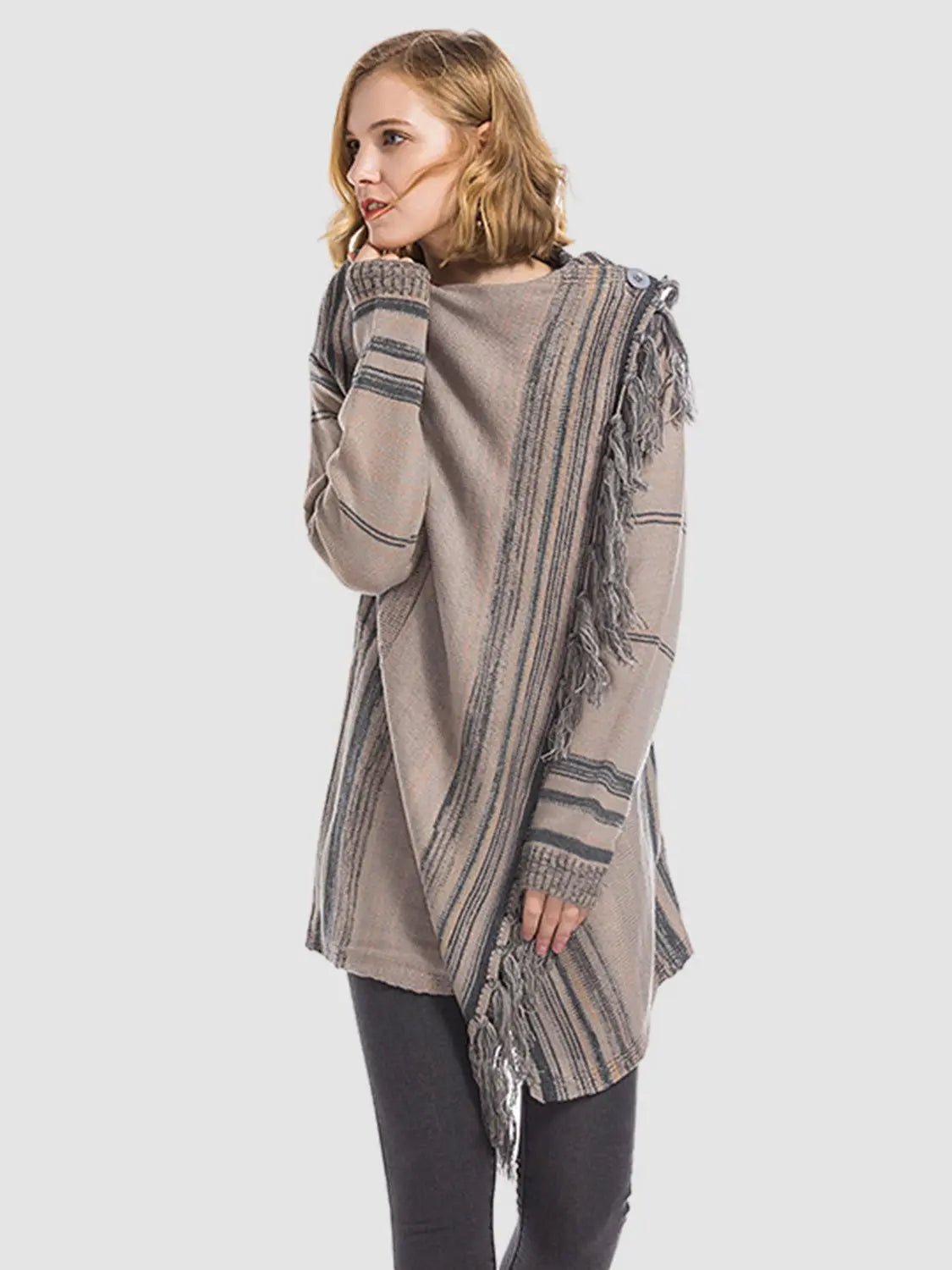 Angel Wings Tassel Striped Open Front Long Sleeve Cardigan - 2668south