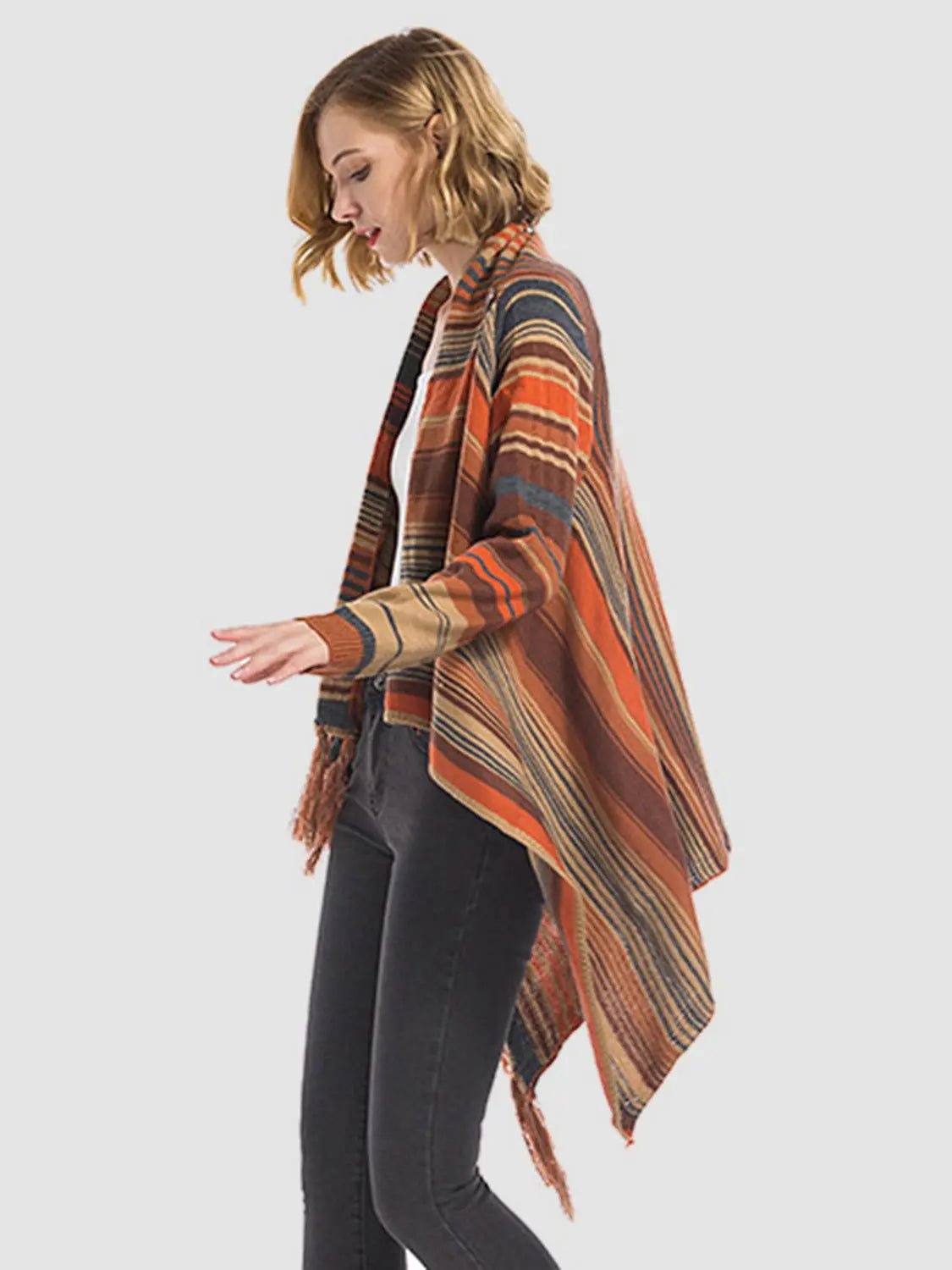 Angel Wings Tassel Striped Open Front Long Sleeve Cardigan - 2668south