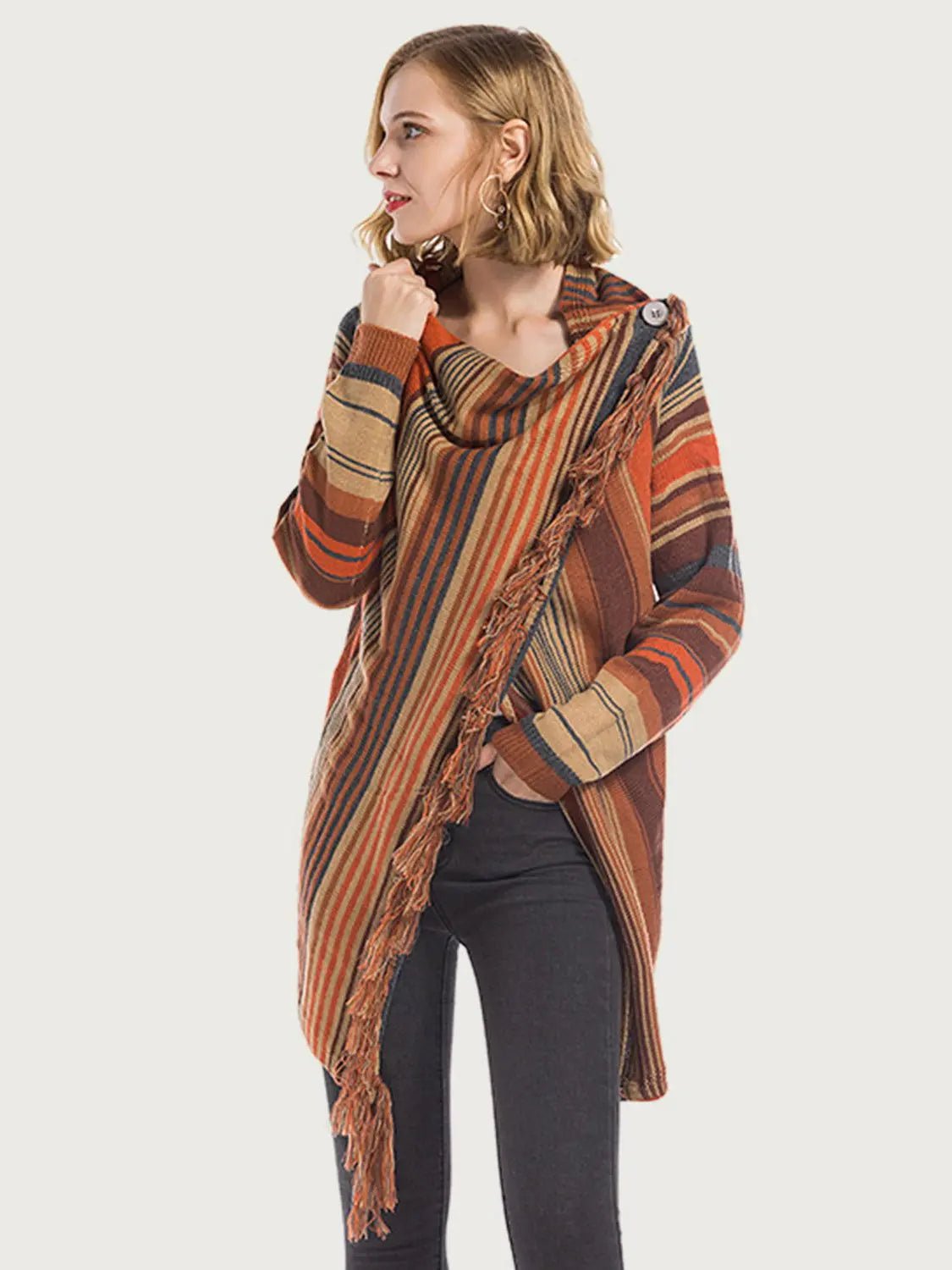 Angel Wings Tassel Striped Open Front Long Sleeve Cardigan - 2668south