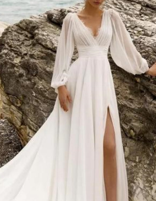 Load image into Gallery viewer, European And American High Waist Plus Size Deep V Long Sleeve Mopping Backless Wedding Dress High Slit
