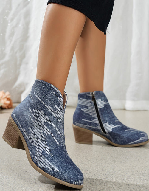 Load image into Gallery viewer, Printed Block Heel Boots with Side Zip
