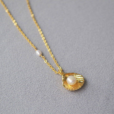 Brass Gold - plated Minimalist Gold Shell Freshwater Pearl Necklace - 2668south