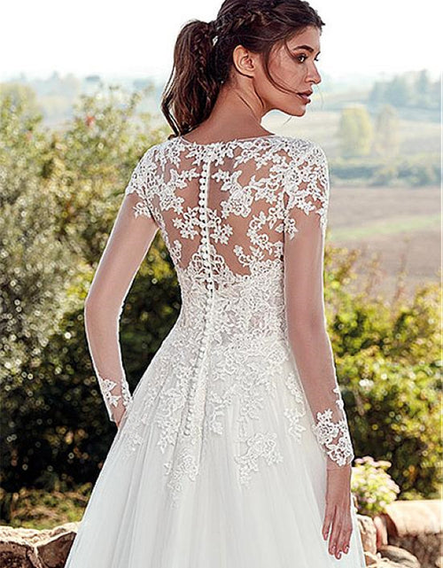 Load image into Gallery viewer, High U-neck Lace Long Sleeve A- Line Long Tail Simple Wedding Dress
