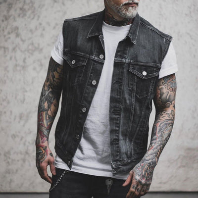 Casual Men's Clothing Denim Jacket Sleeveless Turn - down Collar Coat - 2668south