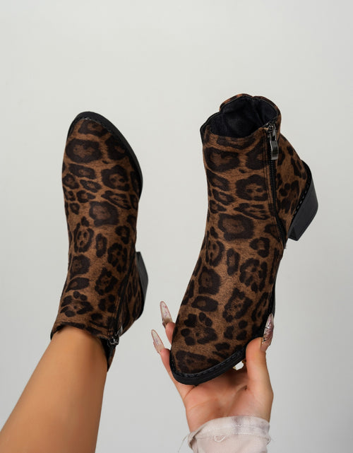 Load image into Gallery viewer, Leopard Point Toe Block Heel Boots
