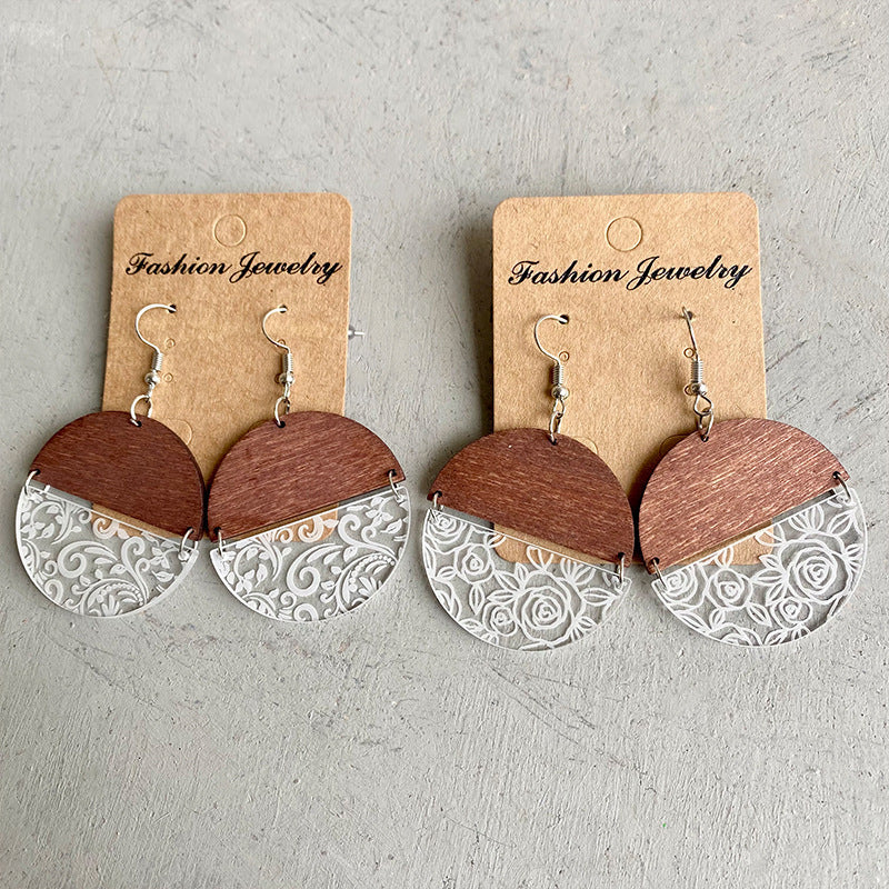 Wood Acrylic Geometric Stitching Rose Flower Lace Laser Marking Personalized Earrings My Store