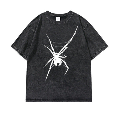 Washed Old Heavy Cotton T-shirt Spider Print My Store