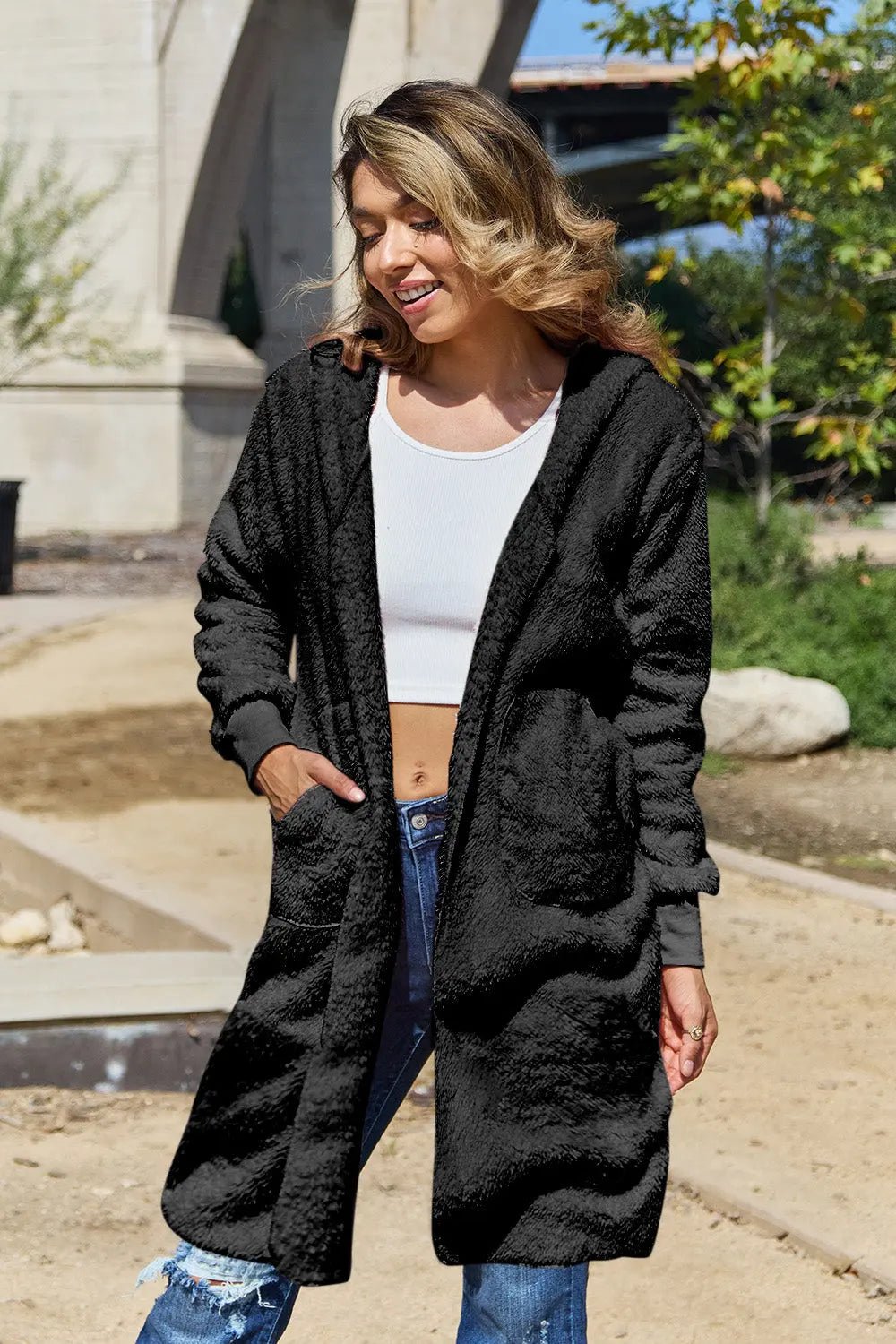 Double Take Full Size Hooded Teddy Bear Jacket with Thumbholes - 2668south