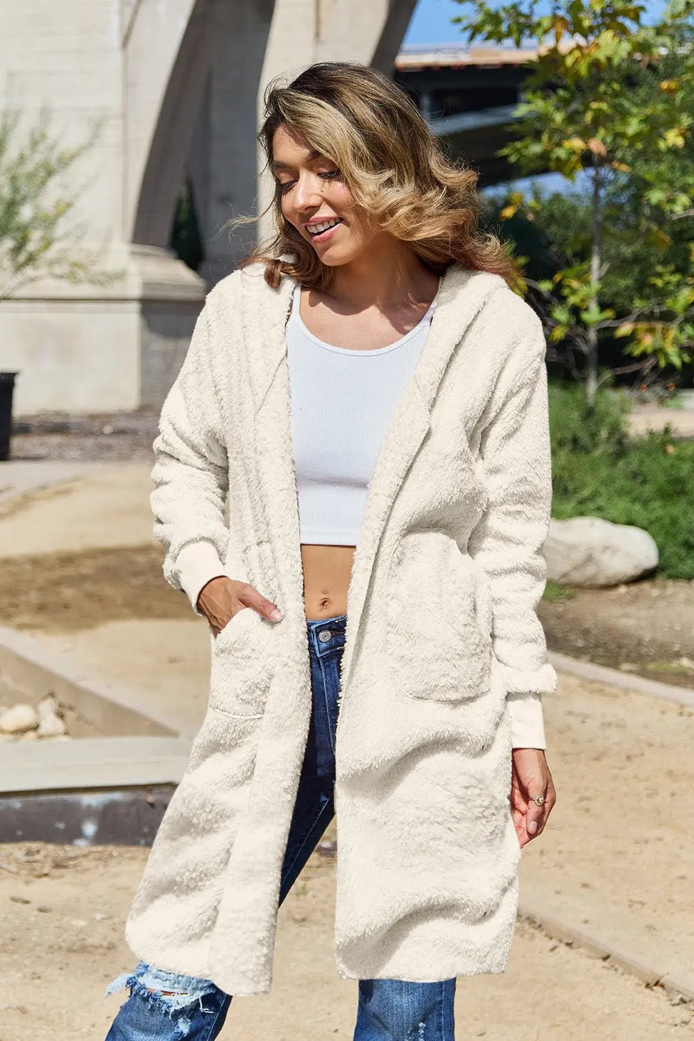 Double Take Full Size Hooded Teddy Bear Jacket with Thumbholes - 2668south