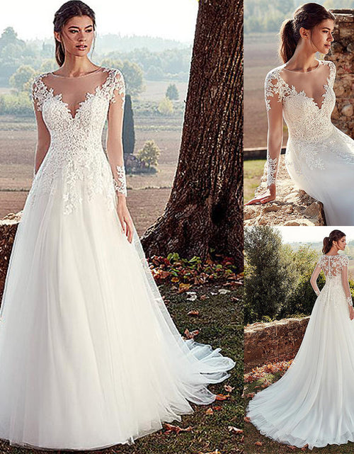 Load image into Gallery viewer, High U-neck Lace Long Sleeve A- Line Long Tail Simple Wedding Dress
