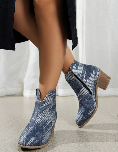 Load image into Gallery viewer, Printed Block Heel Boots with Side Zip
