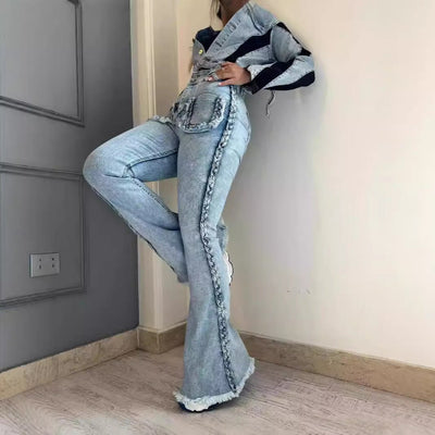 High Waist All - matching Twist Elastic Denim Bell - bottom Pants - 2668south