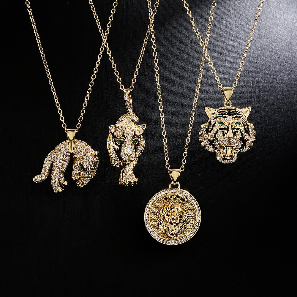 Hip Hop Tiger Leopard Lion Pendant Copper 18K Gold Zircon Animal Necklace - 2668south