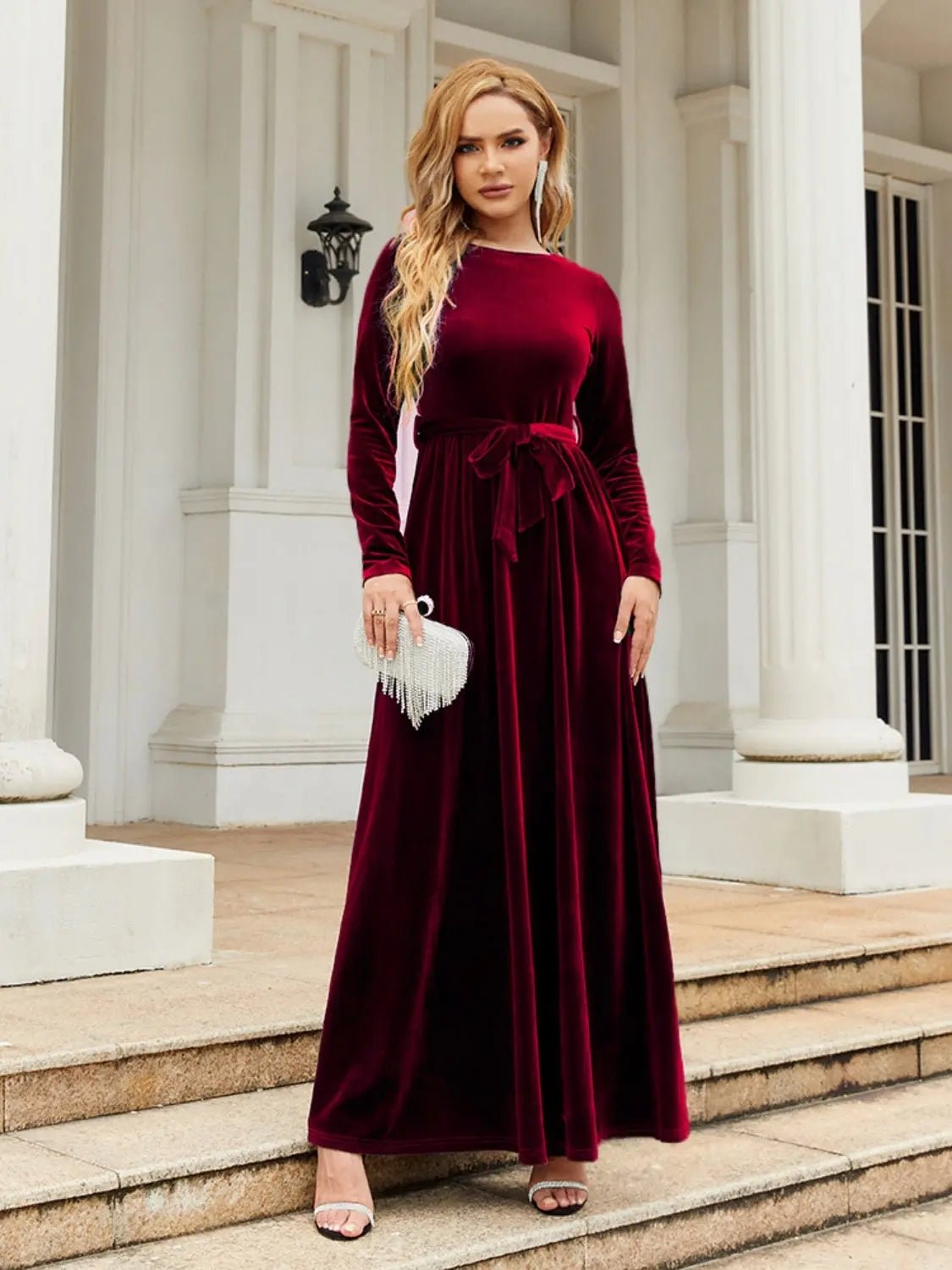 Tie Front Round Neck Long Sleeve Maxi Dress - 2668south