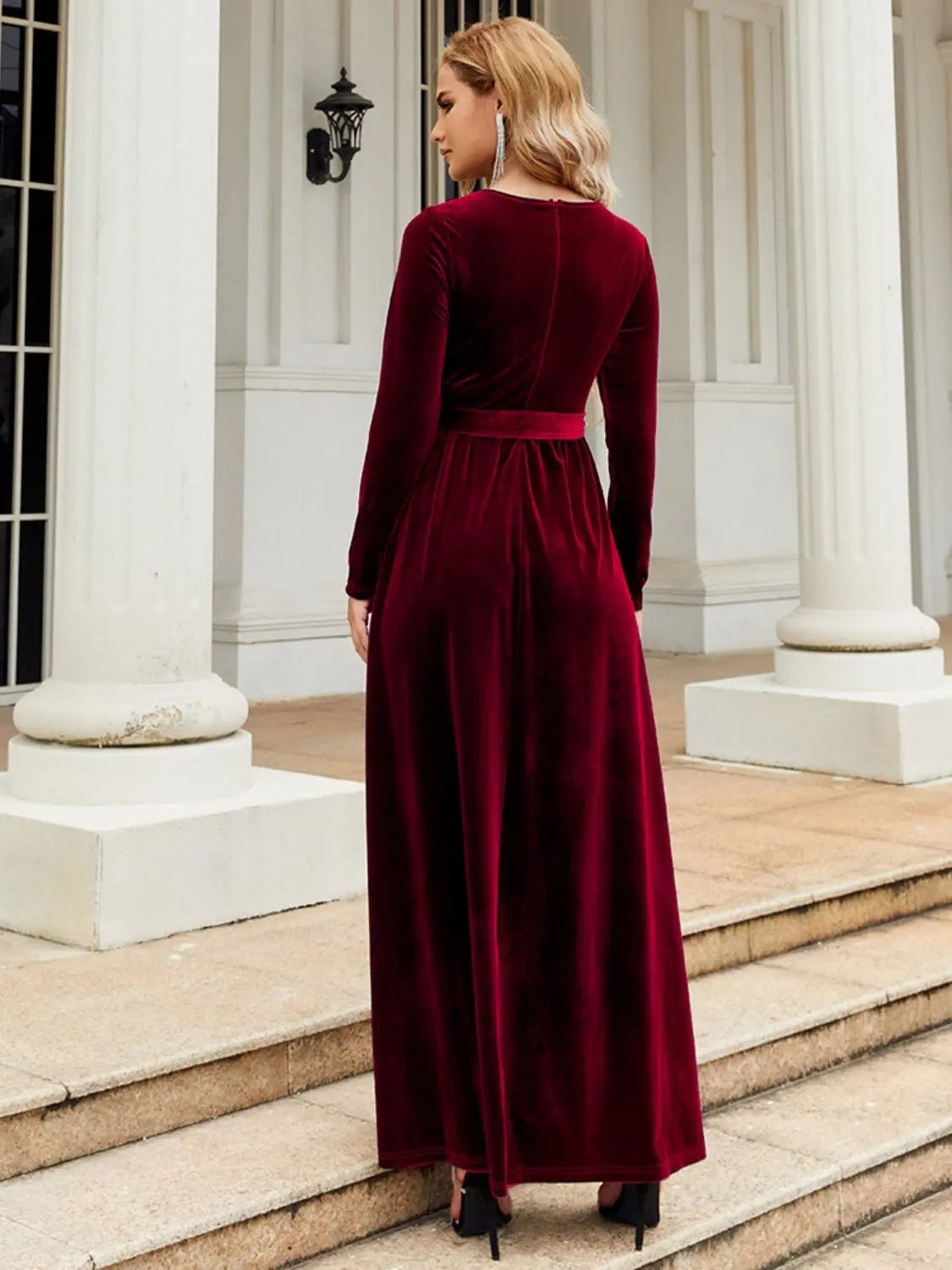 Tie Front Round Neck Long Sleeve Maxi Dress - 2668south